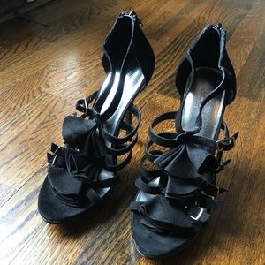 BCBG Paris Black Suede Rosette Heels